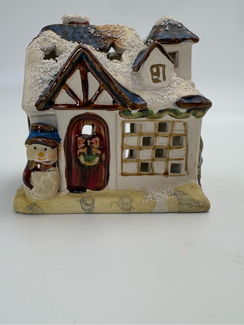 Hand-Painted White Ceramic Holiday Cottage Decor with Snowman